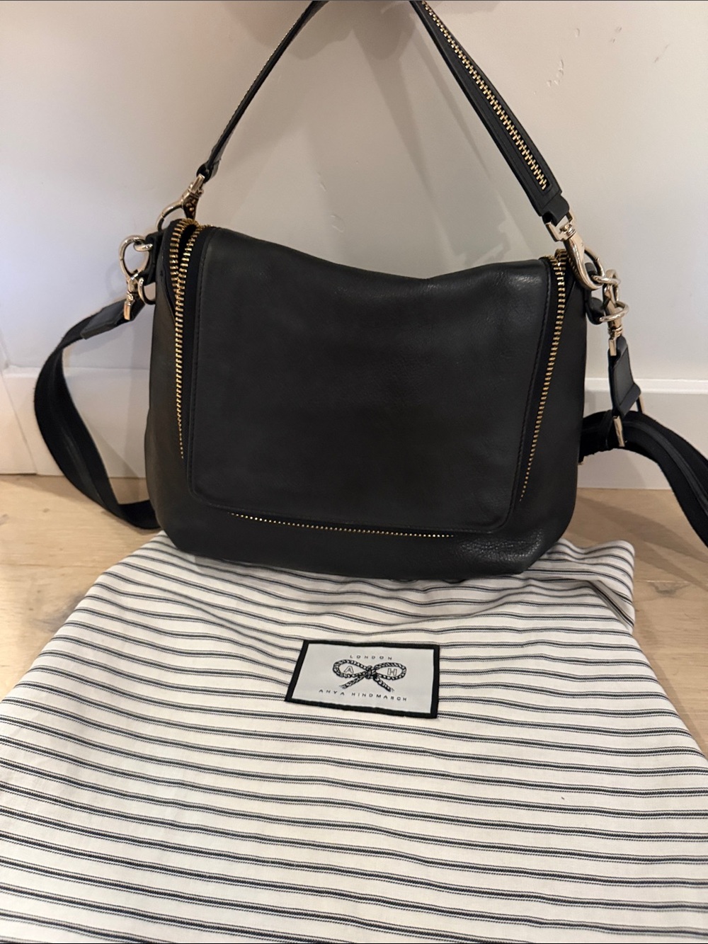 Anya Hindmarch Black Leather Shoulder Bag with Gold Hardware Accents